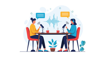 Two women hosting a podcast show sitting at a table with microphones having a conversation for a live broadcast or recording.