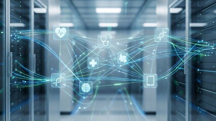 Fototapeta premium Digital network connecting healthcare icons like DNA brain heart and stethoscope within a server room