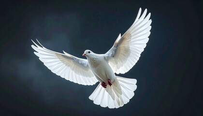 White dove in flight. Bird with outstretched wings. Religious freedom day symbol. World religion day. Flying dove on dark background. Peaceful bird. Wings spread wide. White bird. Animal.