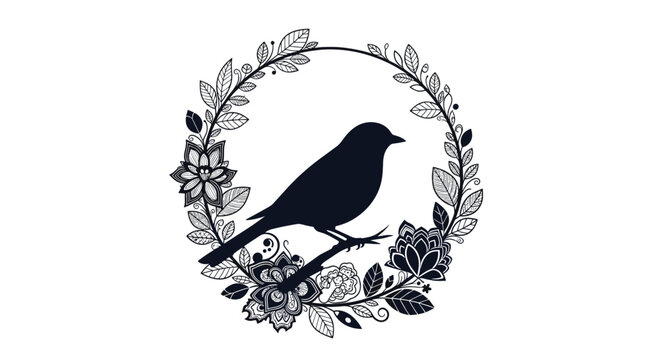 A beautiful black silhouette of a small bird perched on a branch inside an elegant circular wreath made of leaves and flowers.