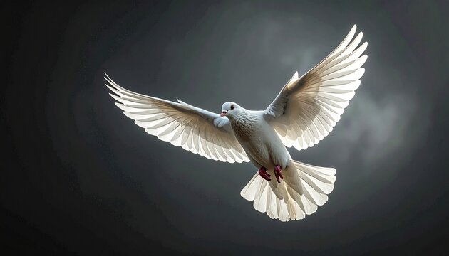 White dove in flight. Religious freedom day symbol. World religion day. Bird flying. Wings spread. Gray background. Light effect. Peace sign. Animal illustration.