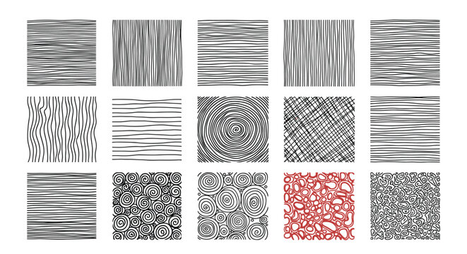 A diverse set of fifteen hand-drawn abstract background textures in square format featuring lines swirls and scribbled patterns.
