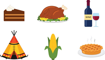 Thanksgiving traditional food and harvest elements collection with turkey, pumpkin pie, corn, cake, wine, teepee illustration icons isolated white background © Hadiul