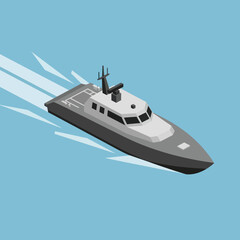 Gray Patrol Boat Moving Through Water.