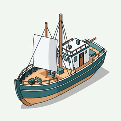 Sailboat with Cabin and Sails Illustration. © Anak