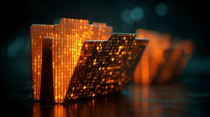 Digitally rendered illuminated file folders in a row, with binary code, and a blurred background
