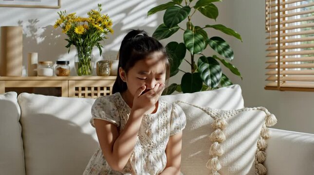 Young Asian girl reacting with a disgusted expression, covering her nose and mouth on a sunlit sofa in a cozy home environment