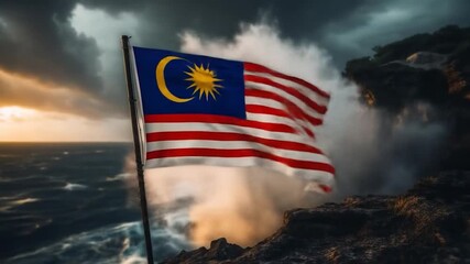 Malaysia Independence Day Celebration with Waving Flag on Rocky Coastline Scenery With Ocean