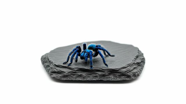 A vibrant blue tarantula spider rests on a dark grey stone against a clean white background.