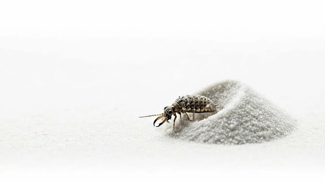 Antlion larva digging a pit in sand for hunting prey.