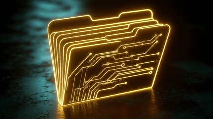 Illuminated illustration of a folder with circuit board design in a dark setting, representing digital data storage