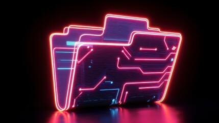 Illuminated futuristic folders, rendered with neon outlines and circuit board aesthetics on a black background