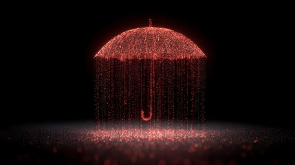 Digital rendering of an umbrella made of red particles against a stark black background. It appears to be raining red dots