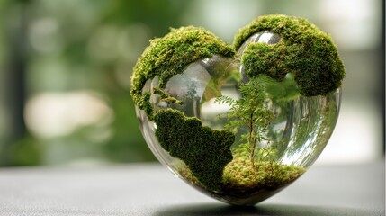 A heart-shaped glass terrarium filled with moss and a small tree, representing environmental protection. The background is blurred