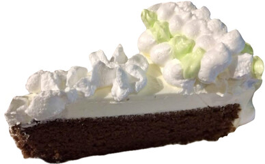 Delicious chocolate coconut cake with coconut milk cream, white sesame and coconut meat topping and decorated by pandan leaf isolated on white background, Thai cafe style 