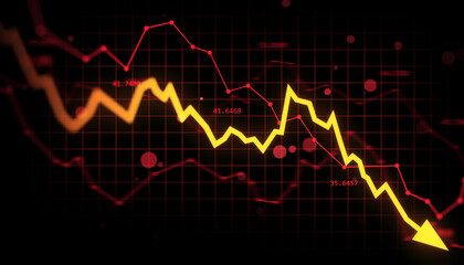Downward yellow arrow and falling stock chart symbolizing global financial market crash on dark digital background grid with red data points. 3D Rendering