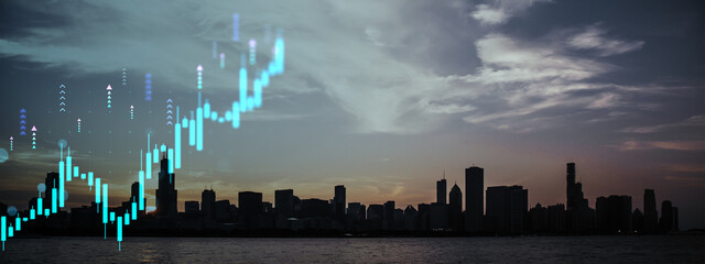 Real estate market growth chart over Chicago skyline silhouette at dusk with rising bars and arrows representing increasing property prices.