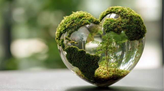 A heart-shaped glass terrarium filled with moss and a small tree, representing environmental protection. The background is blurred - Powered by Adobe