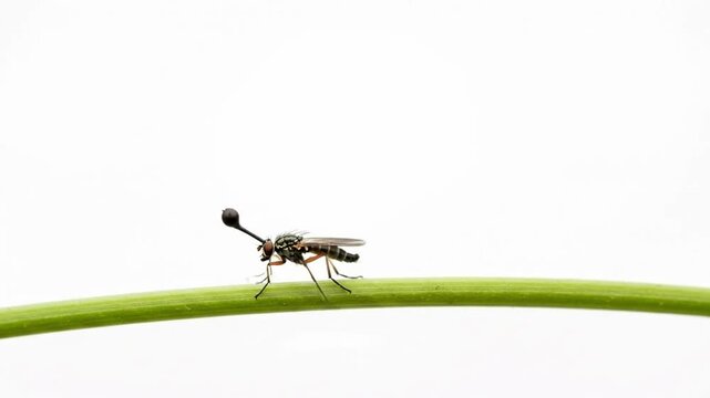 Close-up Macro Shot of a Stalk-Eyed Fly on a Green Stem.