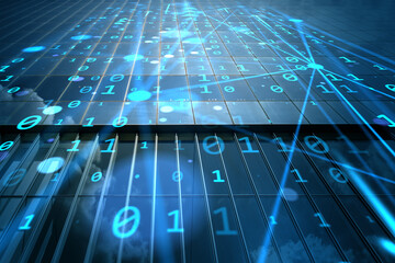 Abstract digital data stream over glass building surface with binary code and blue light lines representing internet technology and cloud flow.