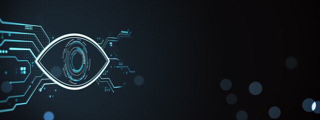 Futuristic computer vision eye icon with circuit lines and digital elements on abstract dark background for technology banner or poster template. 3D Rendering