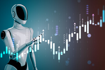 Humanoid robot interacting with financial graph interface showcasing futuristic AI-powered market data analysis on abstract background. 3D Rendering