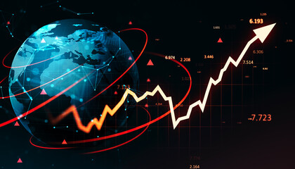 Upward arrow graph with global digital map background symbolizing financial growth, business technology, and global market data trends. 3D Rendering