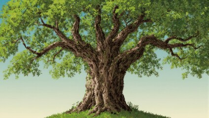 Fototapeta premium Majestic Oak Tree Standing Tall on a Lush Green Hillside.
