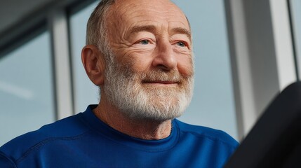 Elderly Caucasian man vividly smiles on treadmill, celebrating vitality during quirky Active Aging Week, honoring wisdom and wellness