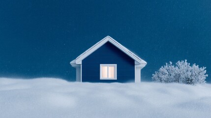 Serene snow cloaks a solitary cottage under midnight-blue sky, evoking Hygge warmth and Festivus fantasy in winter's embrace
