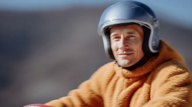 Riding whimsy of autumn's whisper, a Caucasian man dons plush textures, evoking Vintage Motorcycle Festival and Teddy Bear Day