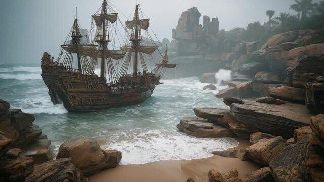 Ancient large ship stranded on a rough shoreline, weathered by time and harsh sea conditions. The dramatic scene evokes history, mystery, and the raw power of nature, symbolizing exploration