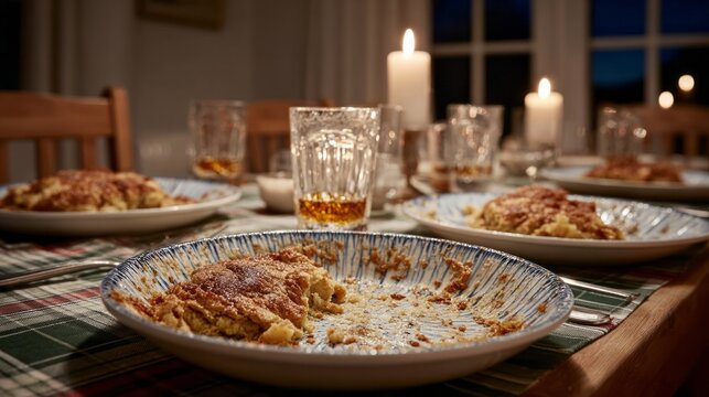Candlelit apple pie remnants evoke cozy hygge evenings, post-harvest gatherings, Dia de los Muertos reflection, gently whispering nostalgia