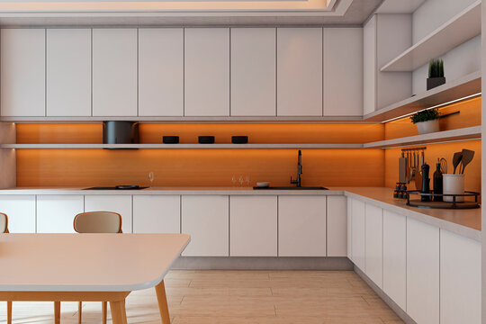 Modern empty kitchen interior with white cabinets, wooden accents, and minimalist furniture in a contemporary home room setting. 3D Rendering