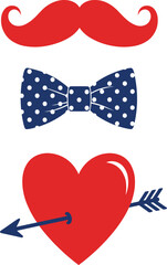 Fototapeta premium Set of Red Mustache Blue Polka Dot Bow Tie and Heart with Cupid Arrow for Party Photo Booth Props Concept Vector.
