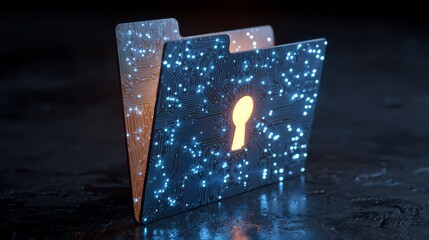 A digital folder with a glowing keyhole, set against a dark, textured background, symbolizing data protection and security