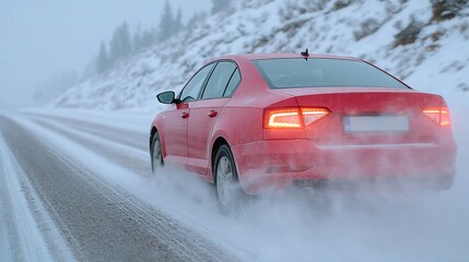 Red sedan zooms through a frosty winter wonderland, embodying adventurous Yuletide escapades and the mystical Imbolc journey