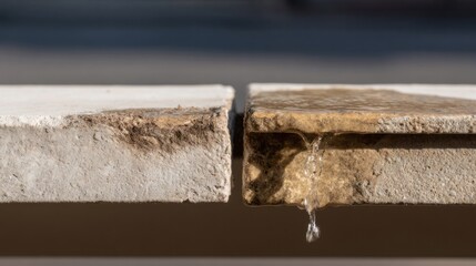 Cracked stone with trickling water, symbolizing impermanence in architecture, echoes themes of Wabi-Sabi and Earth Day renewal
