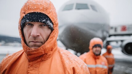 Snow-draped aviation workers in pumpkin-orange gear, Nordic chill persistence, Wind's Day, frosty tarmac tales by planes' whispers
