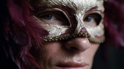 A mysterious European woman cloaked in feathery mask embodies Venetian Carnival, invoking whispers of masquerade fantasy and secrets