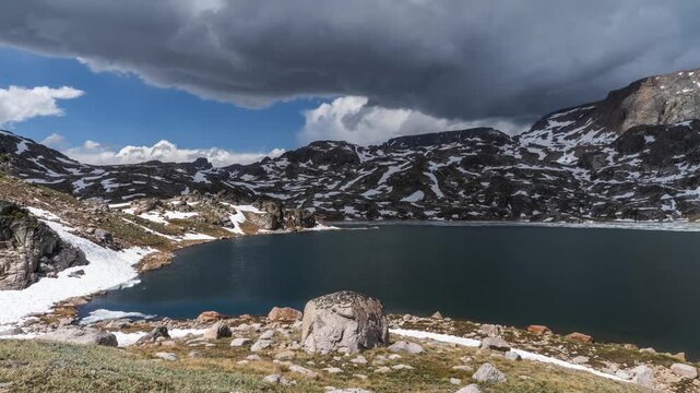 High mountain lake Beartooth Mountains remaining snow timelapse 