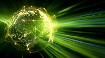 Glowing sphere depicts global network, encased in lines and rays of light emanating across the picture. The Earth floats in a digital field