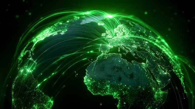 A luminous green globe is intertwined with glowing lines, representing global connections, networks, and communication in a digital age - Powered by Adobe