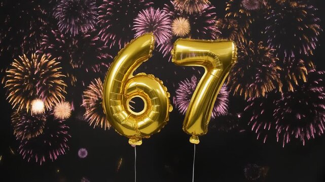 Gold balloon number 67 with fireworks in the background. Festive scene for birthday or anniversary party