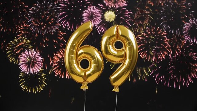 Gold balloon number 69 with fireworks in the background. Festive scene for birthday or anniversary party