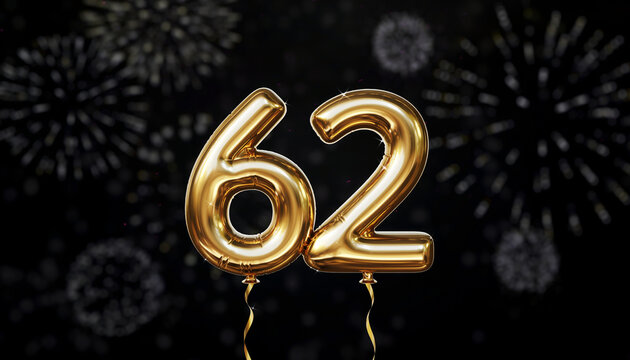 Gold balloon number 62 with fireworks in the background. Festive scene for birthday or anniversary party