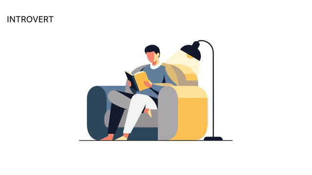An introverted man sitting on a couch reading a book with a floor lamp beside him in a minimalist setting.