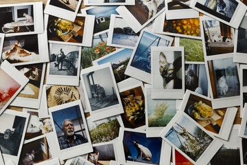 Collection of printed photos showing various subjects and activities placed together on a flat surface in bright light