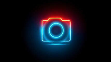 A vibrant neon camera icon glows against a stark black background, showcasing blue and red light effects