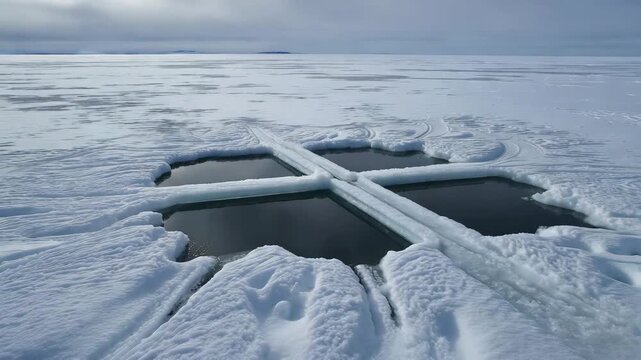 A cross-shaped hole cut into the ice of a frozen lake in a vast arctic landscape. Winter baptism and religious faith concept